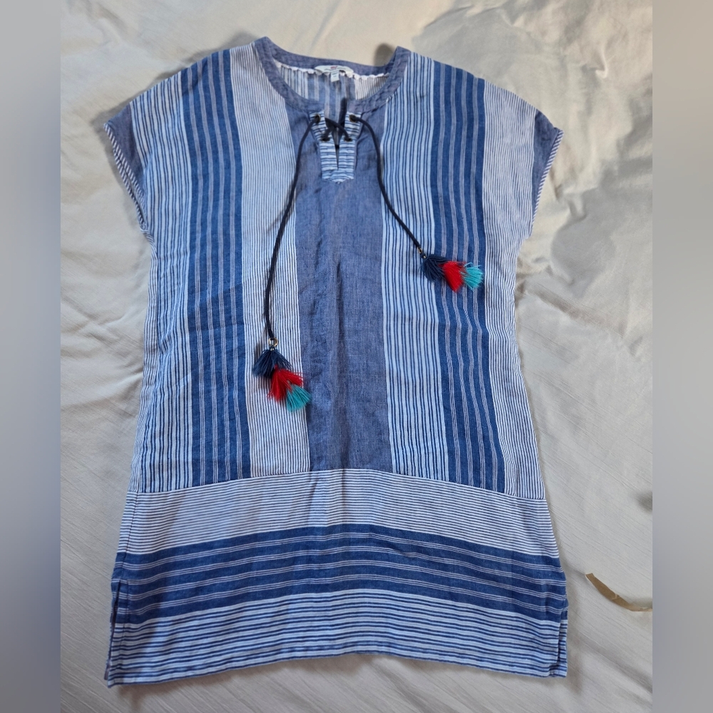 Vineyard Vines Blue Striped Lace-Up Tiered Dress Woman's Size 12 Short Sleeve